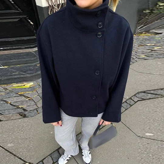 Damen modische Kurzjacke mit hohem Kragen und Knopfverschluss EB