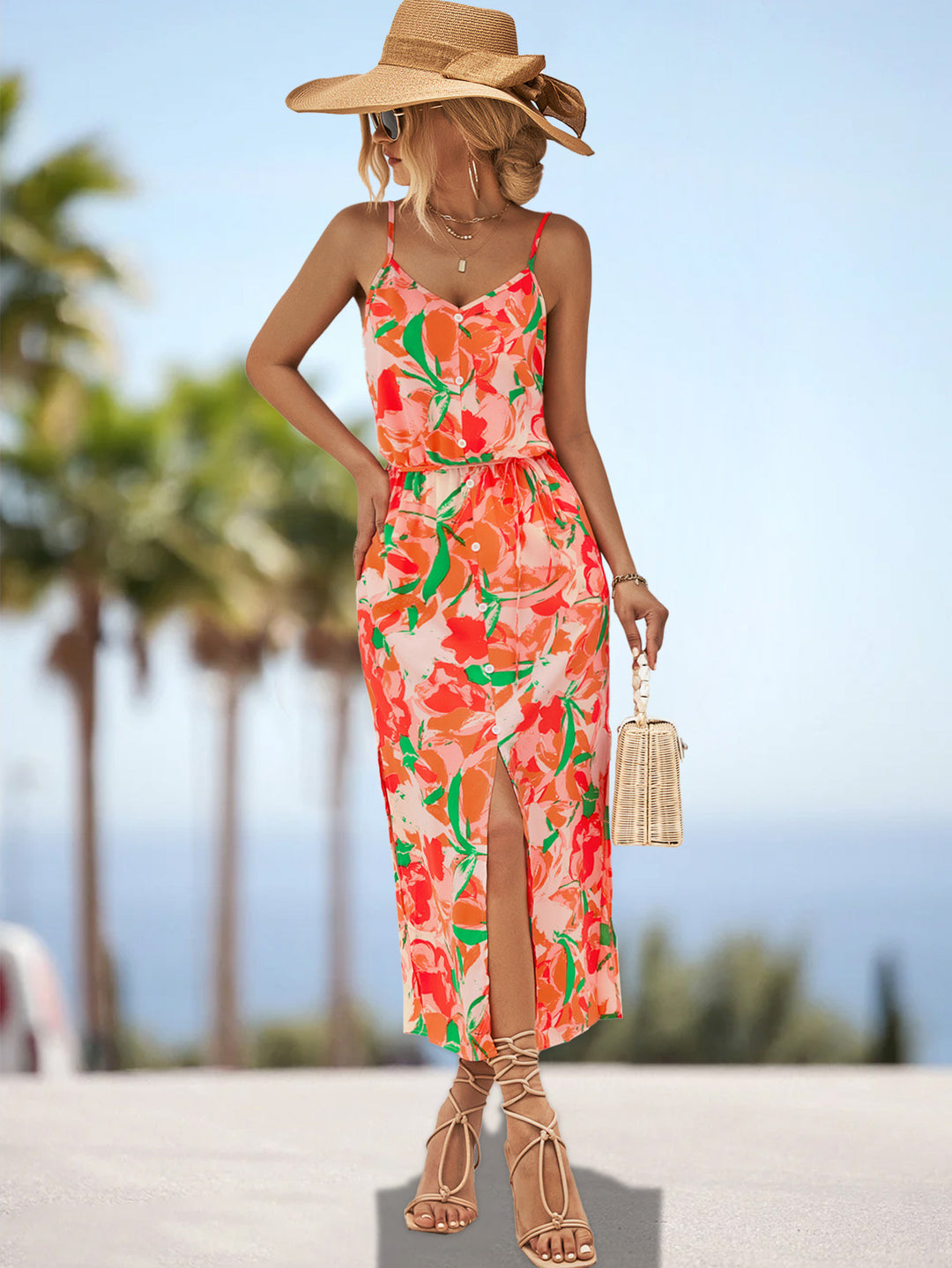 Damen Maxikleid mit floralem Design und elastischem Taillenbund EB