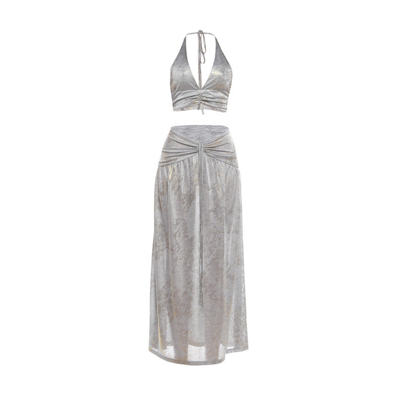 Damen Zweiteiliges glitzerndes Maxikleid mit raffinierten Schnürdetails EB