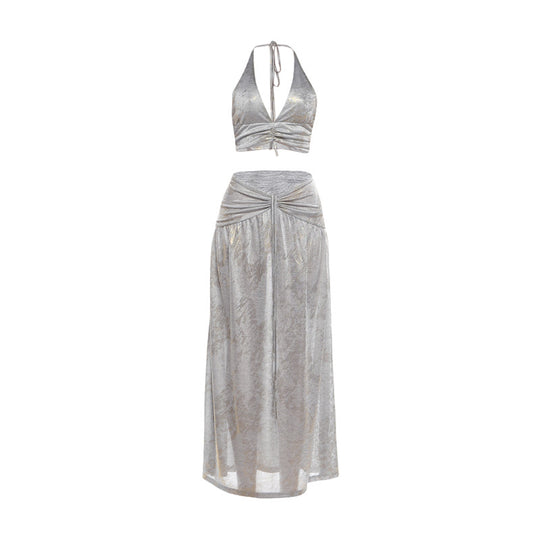 Damen Zweiteiliges glitzerndes Maxikleid mit raffinierten Schnürdetails EB