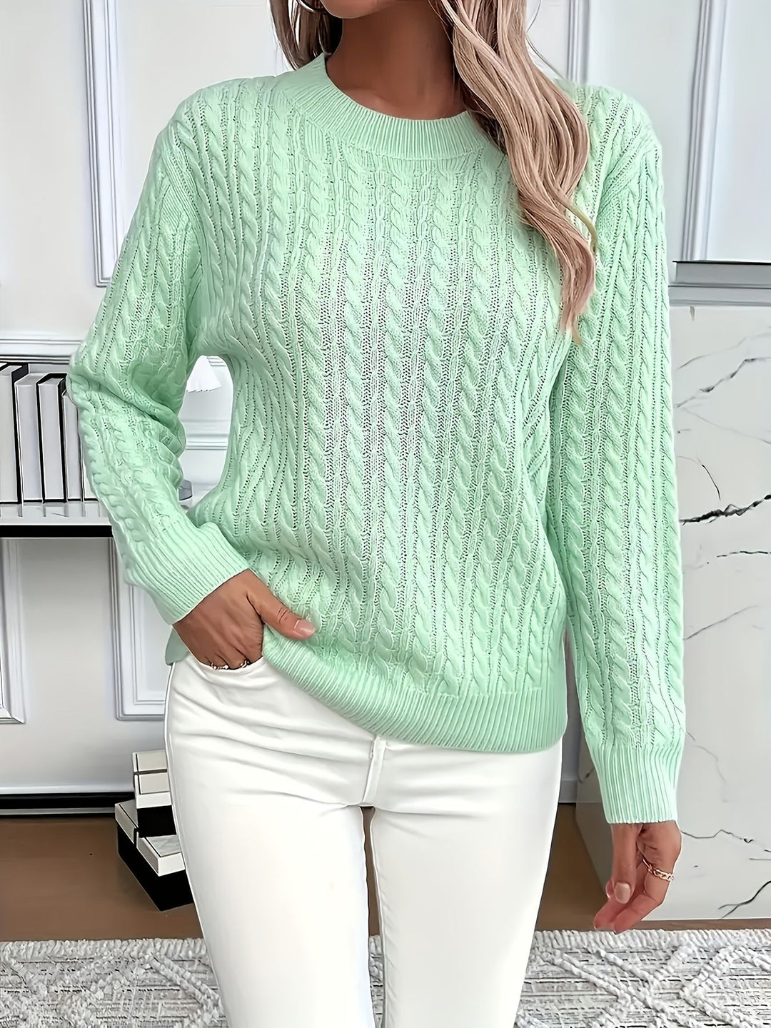 Damen nan Feinstrick-Zopfmuster Pullover mit Rundhalsausschnitt und tailliertem Schnitt EB