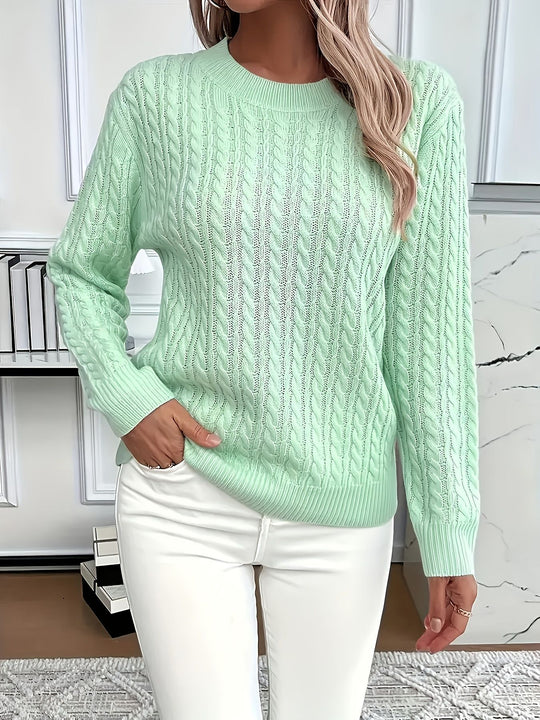 Damen nan Feinstrick-Zopfmuster Pullover mit Rundhalsausschnitt und tailliertem Schnitt EB