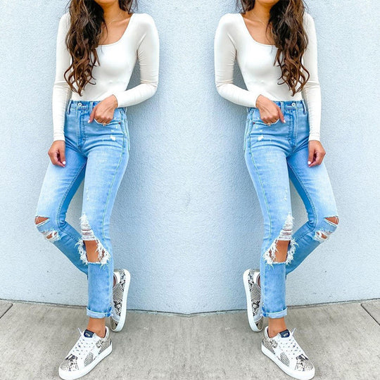 Damen Hochtaillierte Skinny Jeans mit modischen Rissen EB