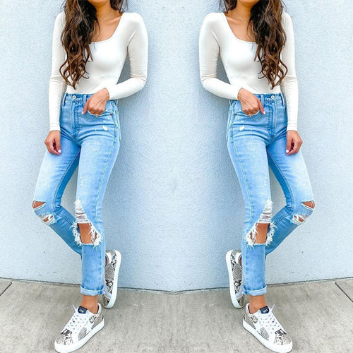 Damen Hochtaillierte Skinny Jeans mit modischen Rissen EB