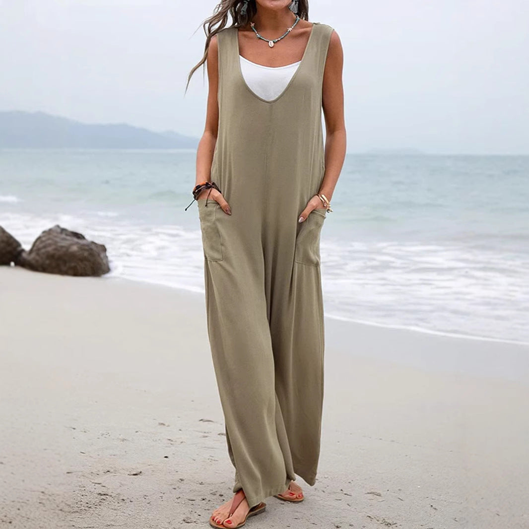 Damen lässiger Jumpsuit mit weitem Schnitt und praktischen Taschen EB