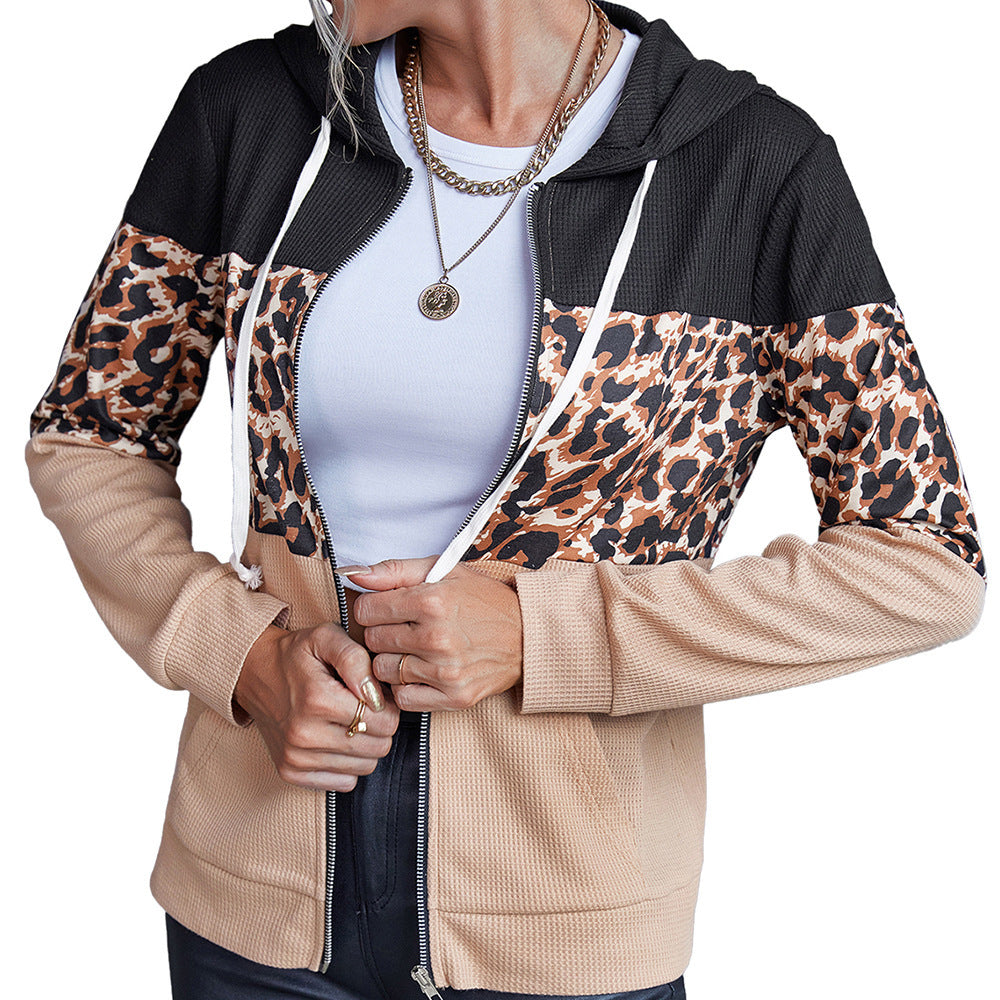 Damen modische Kapuzenjacke mit Tierdruck und kontrastierenden Ärmeln EB