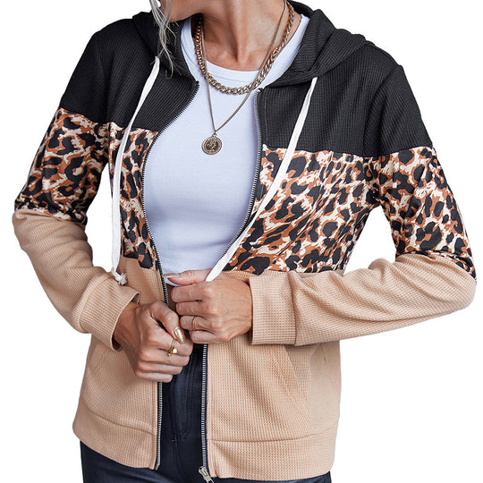 Damen modische Kapuzenjacke mit Tierdruck und kontrastierenden Ärmeln EB