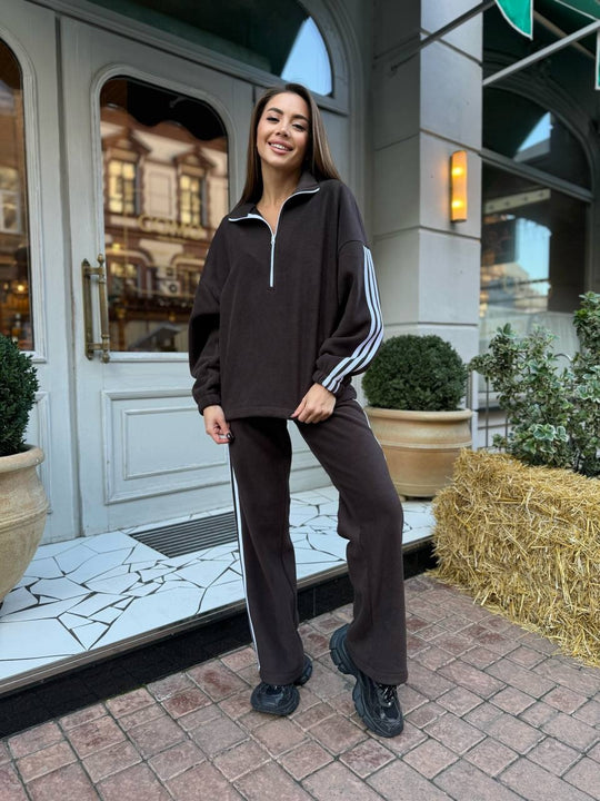 Damen Lässiges Sweat-Set mit Stehkragen, Ballonärmeln und Seitenstreifen EB