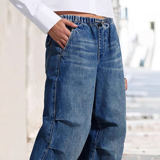 Damen Weite Denim-Hose mit elastischem Bund und hohen Taschen EB