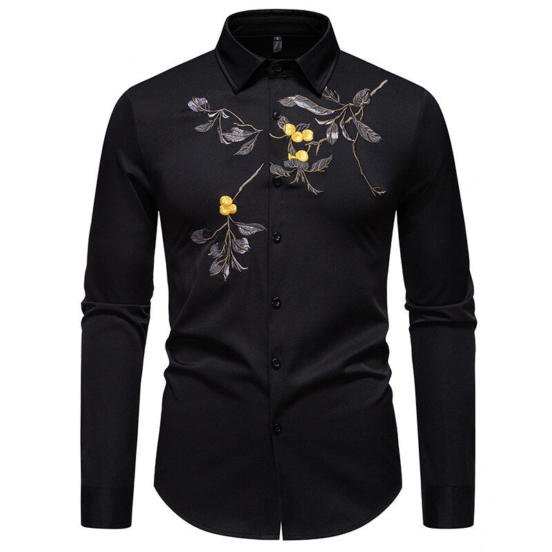 Herren elegantes Langarmhemd mit floraler Stickerei EB