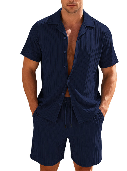 Herren nan geripptes Feinstrick-Lounge-Set mit kurzärmligem Revershemd und Kordelshorts EB