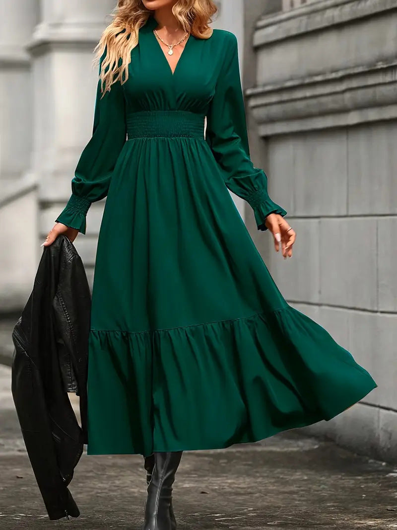 Damen Maxikleid mit elegantem V-Ausschnitt und voluminösen Ärmeln EB