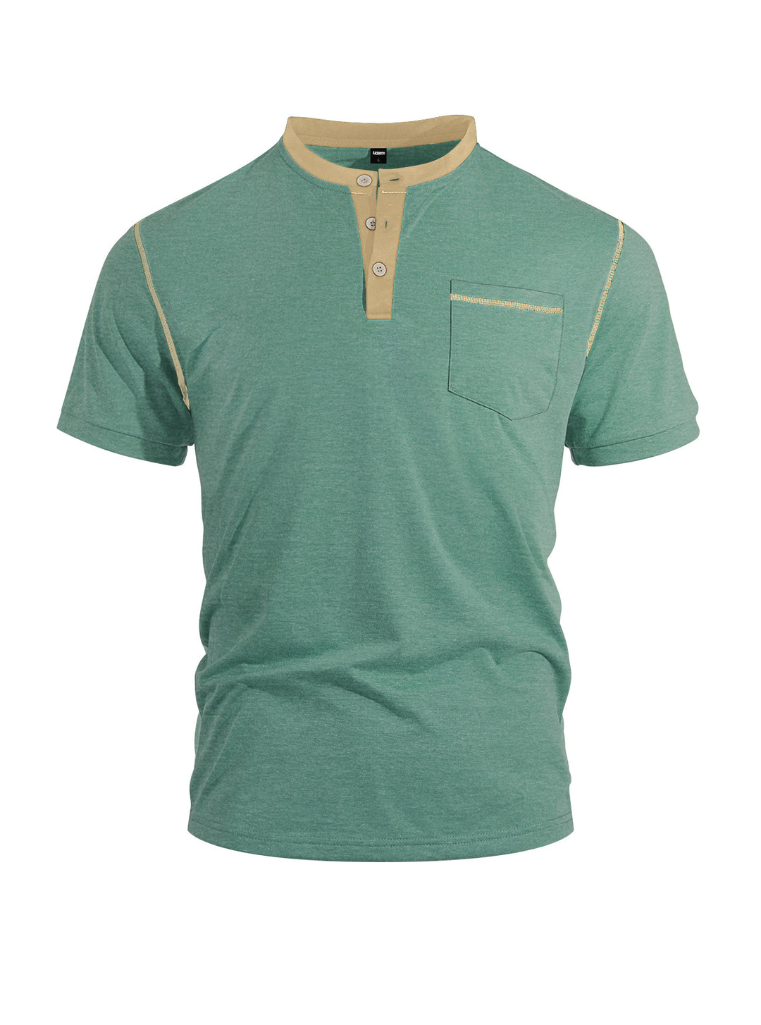Herren nan legeres Kurzarm-Bandkragenshirt mit Knopfleiste Brusttasche und Flatlocknähten EB