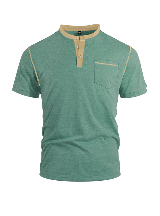 Herren nan legeres Kurzarm-Bandkragenshirt mit Knopfleiste Brusttasche und Flatlocknähten EB