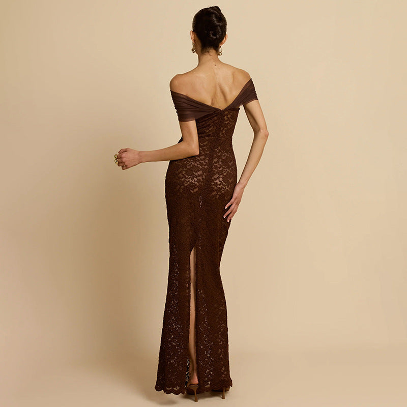 Damen Spitzen-Maxikleid mit schulterfreiem Design und elegantem Drapierungseffekt EB