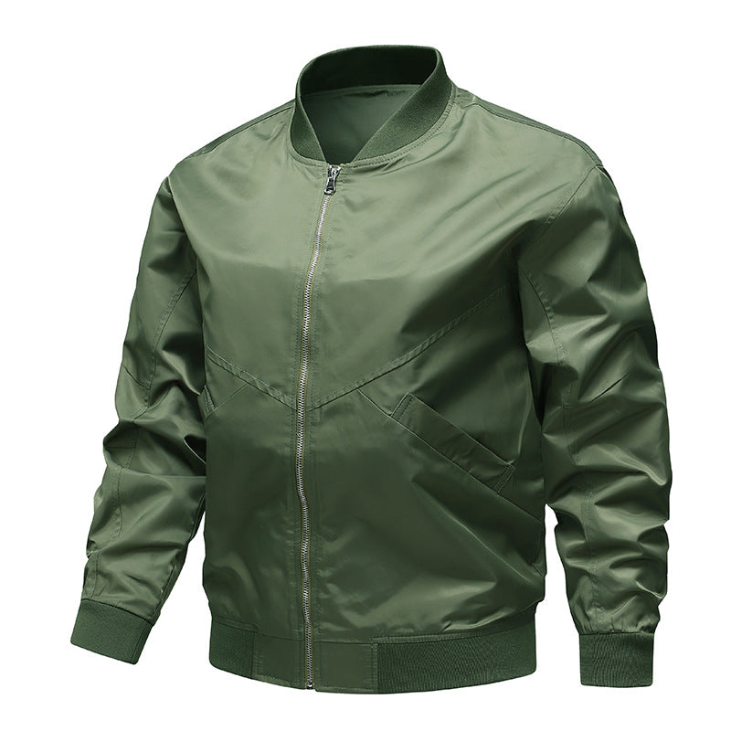 Men's  minimalist nylon flight bomber jacket with angled welt pockets and funnel rib collar EB