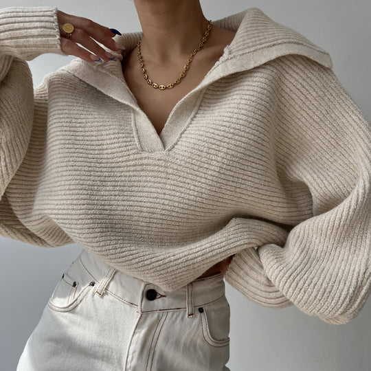 Damen nan Grobstrick-Pullover mit weitem Kragen und V-Ausschnitt EB