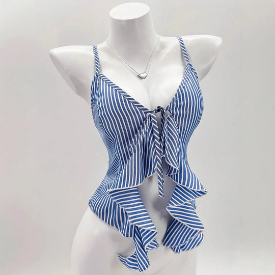 Damen Top mit voluminösen Rüschen und raffinierten Bindeschnüren EB
