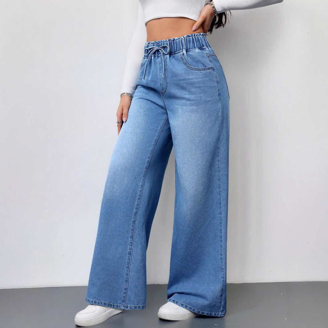 Damen Weit geschnittene Denim-Hose mit elastischem Bund und praktischen Taschen EB