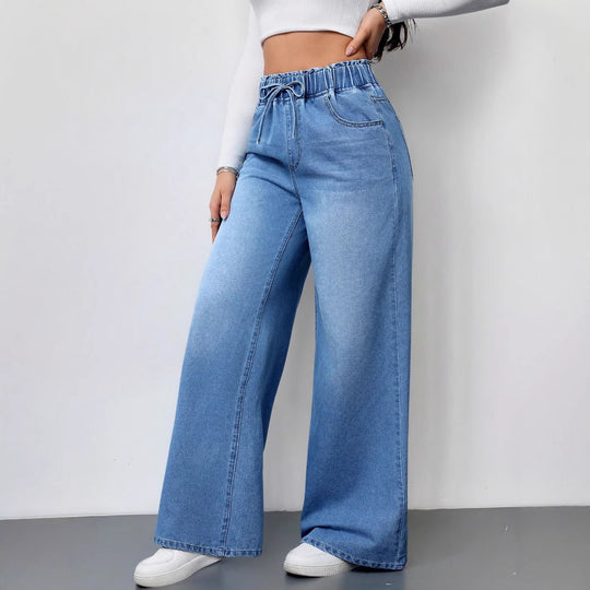 Damen Weit geschnittene Denim-Hose mit elastischem Bund und praktischen Taschen EB