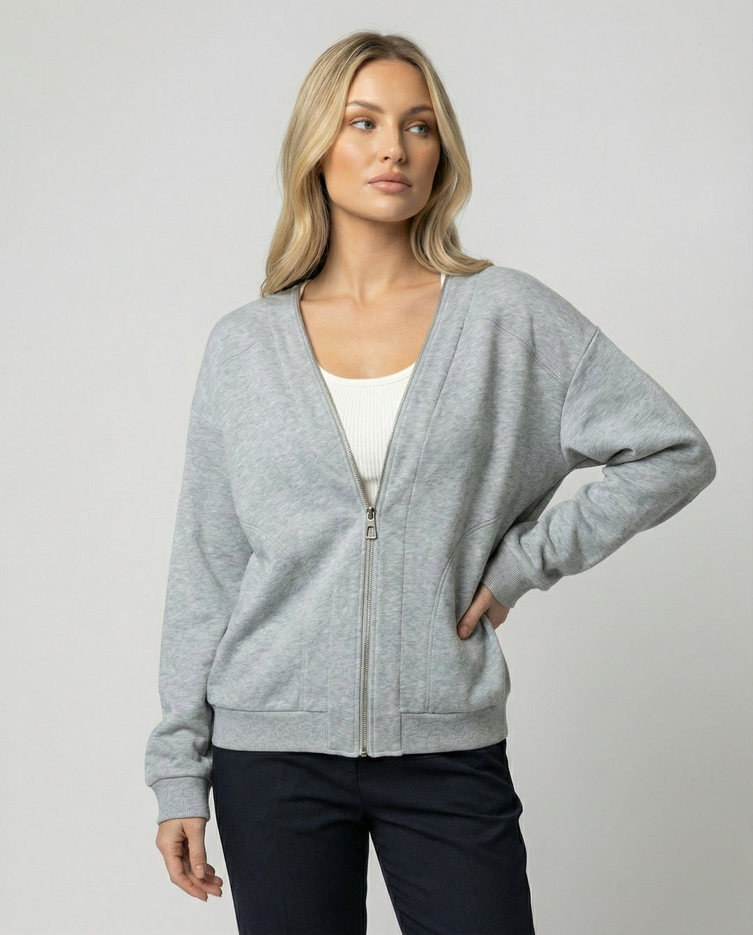 Lässige Damen Sweatshirt Jacke mit V-Ausschnitt in Grau