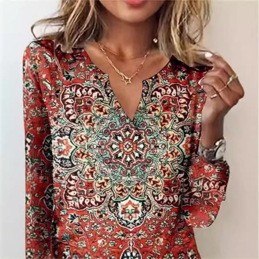 Damen Langarm-Bluse mit ornamentalem Mandala-Print und V-Ausschnitt EB