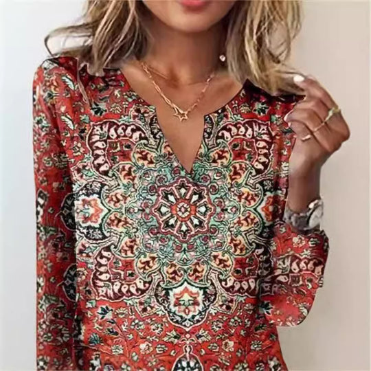 Damen Langarm-Bluse mit ornamentalem Mandala-Print und V-Ausschnitt EB
