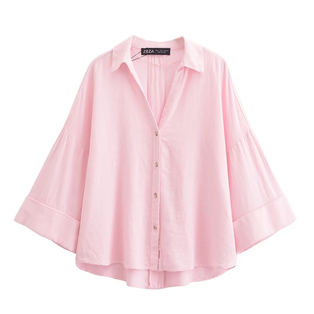 Damen nan lockere oversized Hemdbluse mit weitem Kragen und Dreiviertelärmeln EB