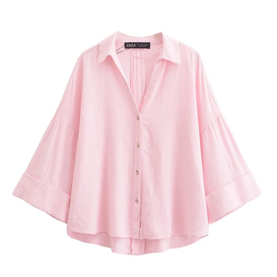 Damen nan lockere oversized Hemdbluse mit weitem Kragen und Dreiviertelärmeln EB