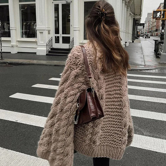 Damen Grobstrickpullover mit übergroßen Ärmeln EB