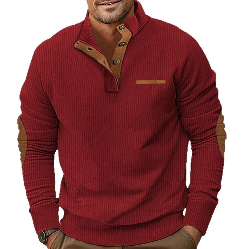 Herren nan strukturiertes Halbknopf-Stehkragen-Pullover mit Wildleder-Ellbogenpatches EB