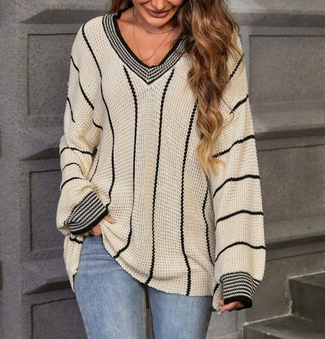 Damen Großer Strickpullover im lässigen Oversized-Stil mit V-Ausschnitt und Streifenmuster EB