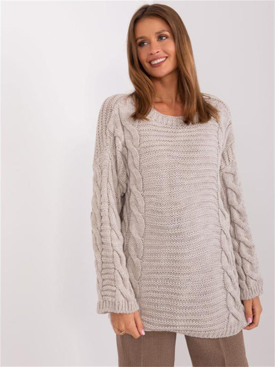 Damen Grobstrickpullover mit modernem Zopfmuster und weiten Ärmeln EB
