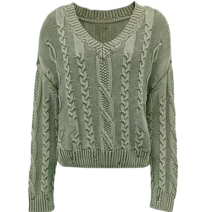 Damen Grob gestrickter Pullover mit V-Ausschnitt und voluminösen Ärmeln EB