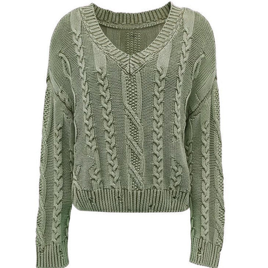 Damen Grob gestrickter Pullover mit V-Ausschnitt und voluminösen Ärmeln EB
