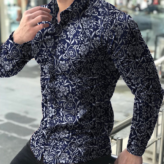 Herren nan figurbetontes Langarmhemd mit feinem Ornamentmuster und stretch Baumwollmischung EB