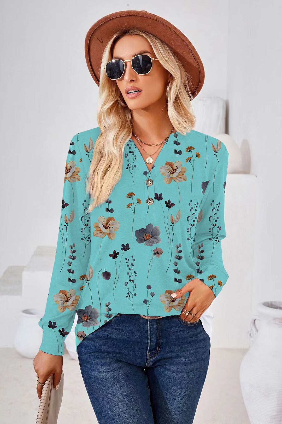 Damen Langarm-Bluse mit floralem Druck und Knopfleiste EB