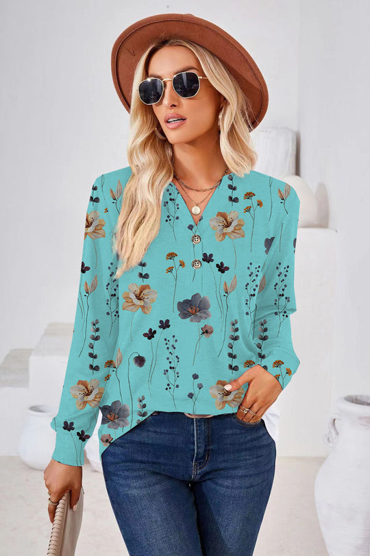 Damen Langarm-Bluse mit floralem Druck und Knopfleiste EB