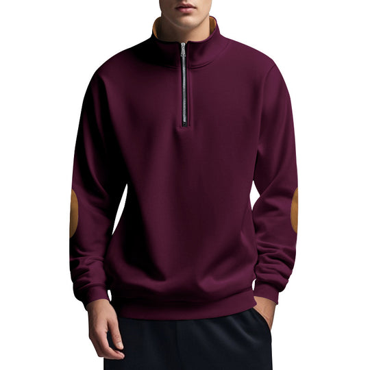 Herren nan halbhoher Zip-Pullover mit Stehkragen, Ellbogen-Patches und modernem Regular Fit EB