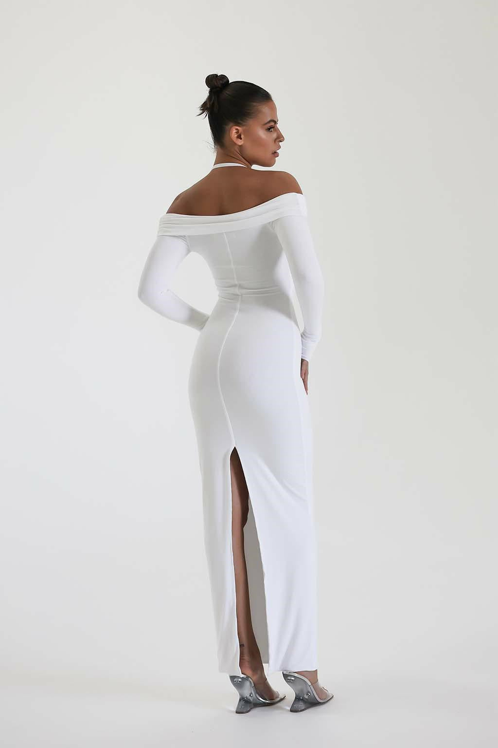 Damen Maxi-Kleid mit Off-Shoulder Design und elegantem Schlitz EB