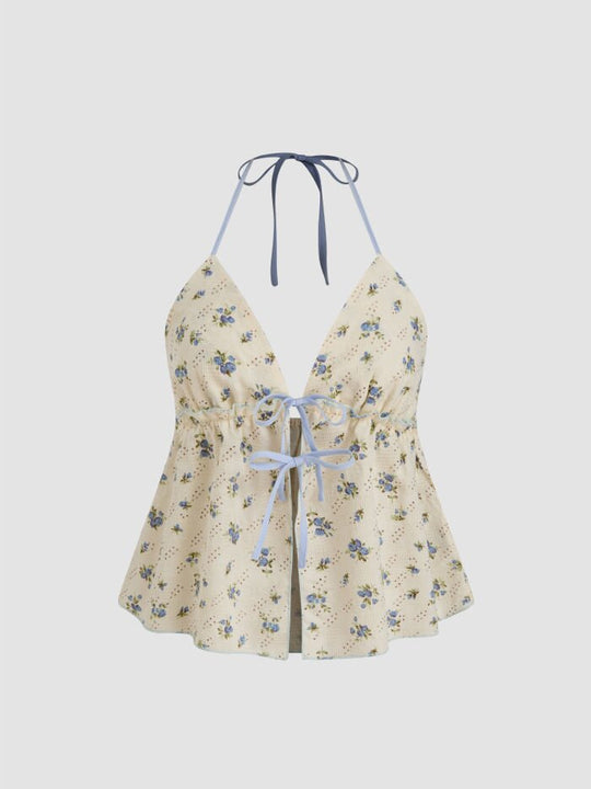 Damen luftiges Blusenshirt mit floralem Print und verstellbarem Kordelzug EB