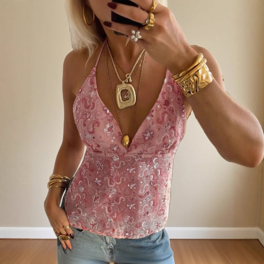 Damen Elegantes Spitzentop mit tiefem V-Ausschnitt und feiner Bestickung EB