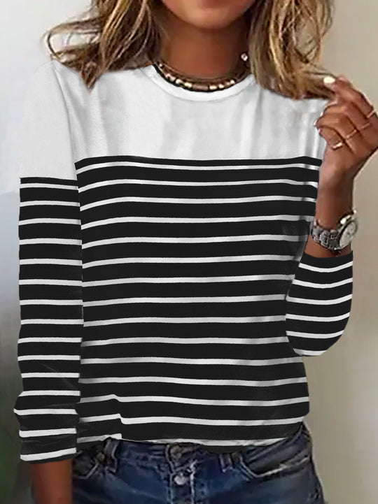 Damen Lässiges Rundhals Longsleeve mit Streifenmuster EB