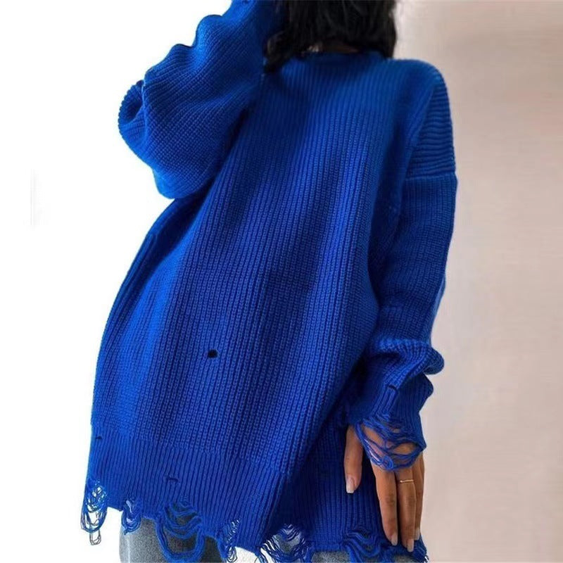 Damen Oversize Grobstrick-Minikleid mit Destroy-Effekt und Rundhalsausschnitt EB