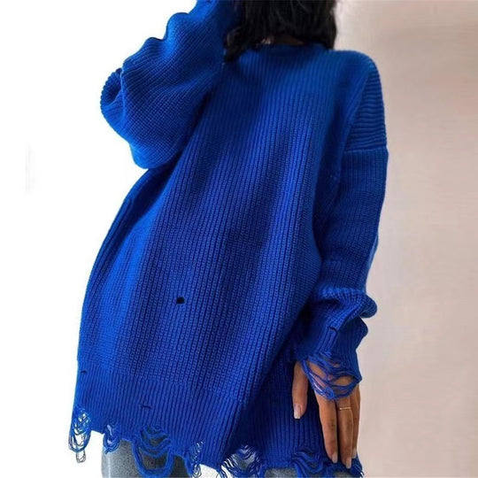 Damen Oversize Grobstrick-Minikleid mit Destroy-Effekt und Rundhalsausschnitt EB