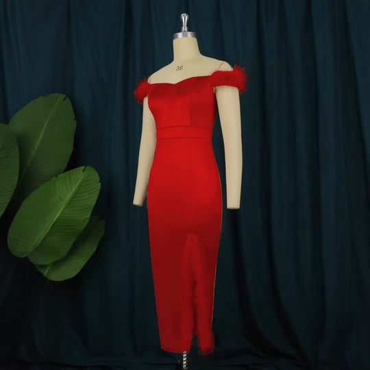 Damen elegantes Abendkleid mit raffinierter Feder-Verzierung EB