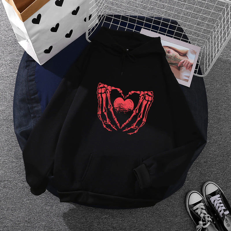 Damen nan stylischer Kapuzenpullover mit Skeletthand Herzmotiv und Kängurutasche EB