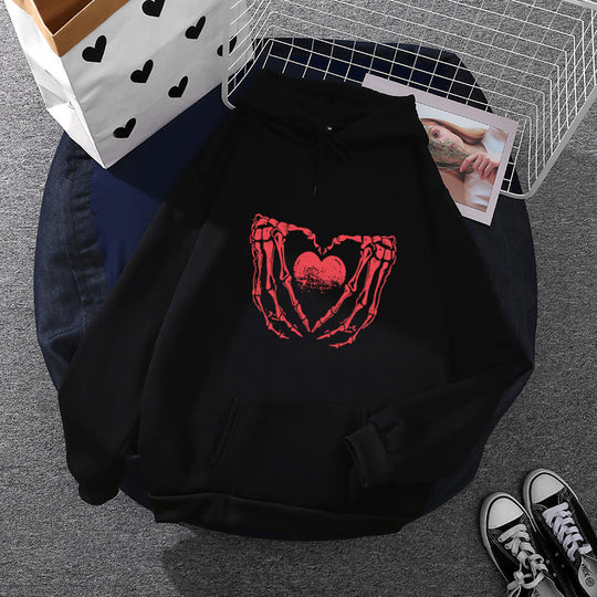 Damen nan stylischer Kapuzenpullover mit Skeletthand Herzmotiv und Kängurutasche EB