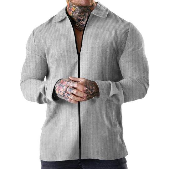 Herren nan strukturierte Zip-Hemdjacke aus Waffelstrick mit Kentkragen und schmaler Silhouette EB