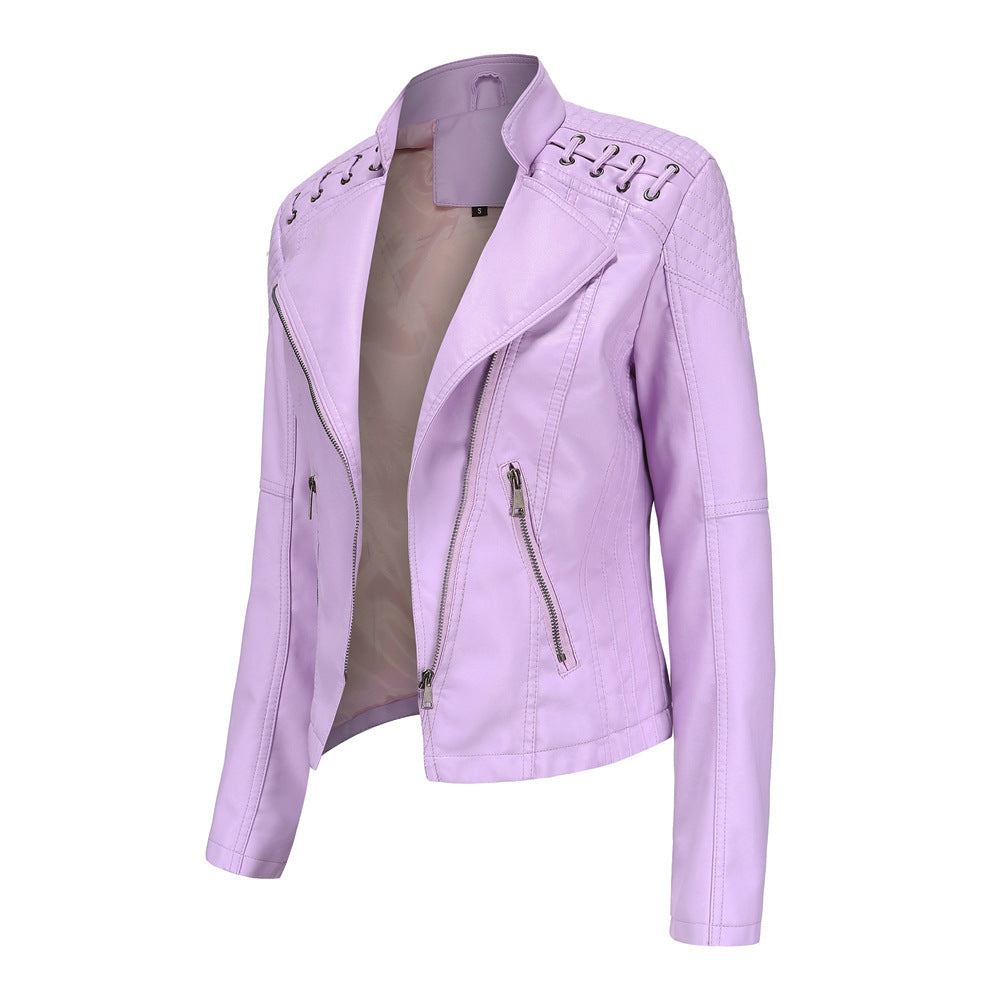 Damen nan taillierte Kunstleder-Bikerjacke mit gesteppter Schulterpartie, asymmetrischem Reißverschluss und Zierösen EB